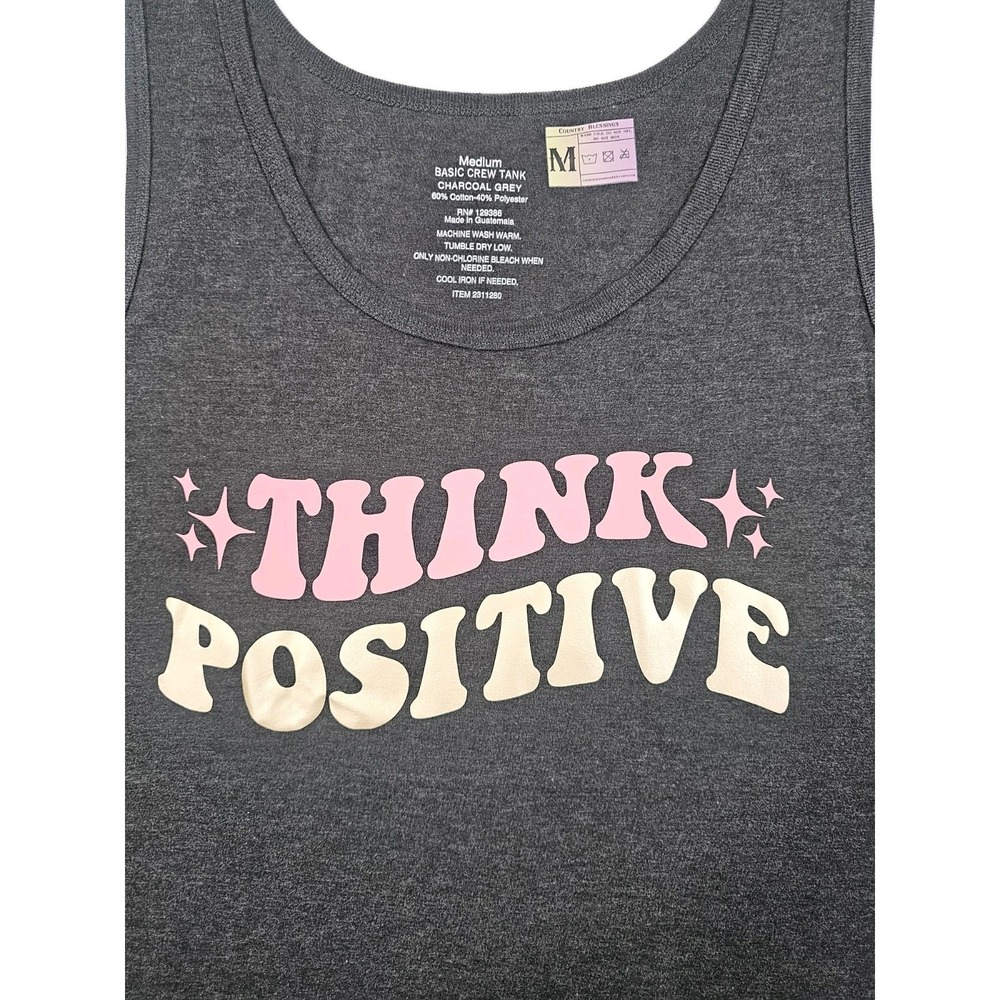 Think Positive Super Soft Womens Med Grey Charcoal Tank Top Fun Support Spellout - Picture 2 of 6